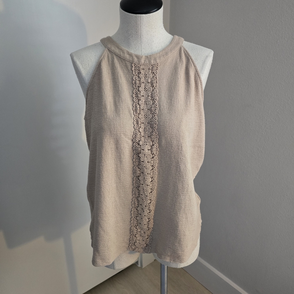 Elegant Lace Trim Beige T TANK Top SZ Large